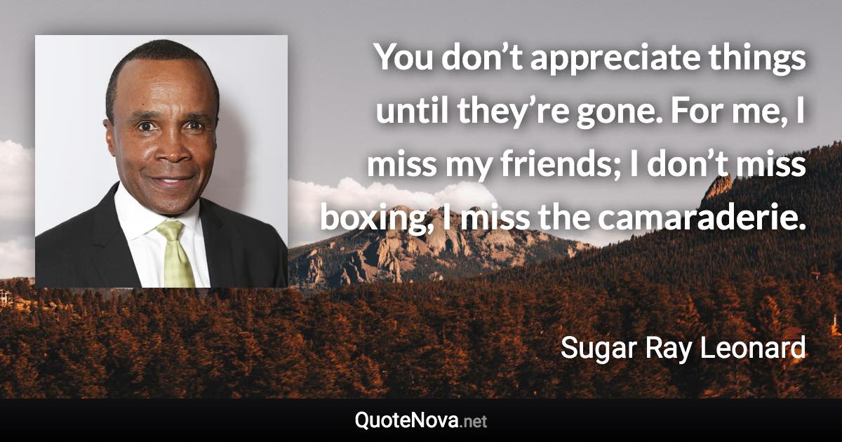 You don’t appreciate things until they’re gone. For me, I miss my friends; I don’t miss boxing, I miss the camaraderie. - Sugar Ray Leonard quote