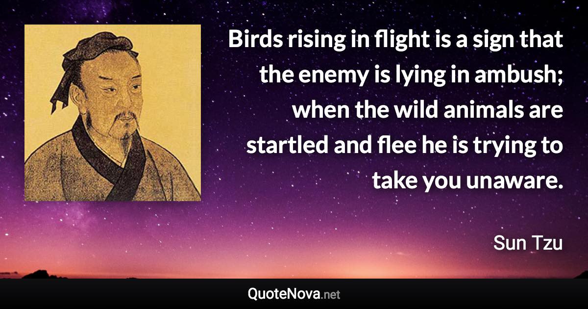 Birds rising in flight is a sign that the enemy is lying in ambush; when the wild animals are startled and flee he is trying to take you unaware. - Sun Tzu quote