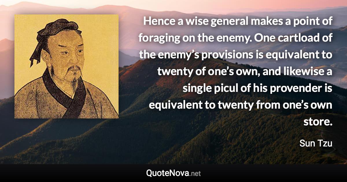 Hence a wise general makes a point of foraging on the enemy. One cartload of the enemy’s provisions is equivalent to twenty of one’s own, and likewise a single picul of his provender is equivalent to twenty from one’s own store. - Sun Tzu quote