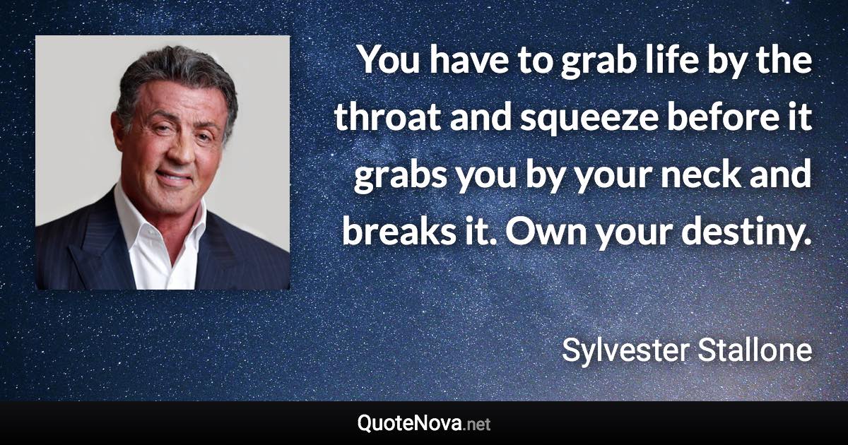 You have to grab life by the throat and squeeze before it grabs you by your neck and breaks it. Own your destiny. - Sylvester Stallone quote