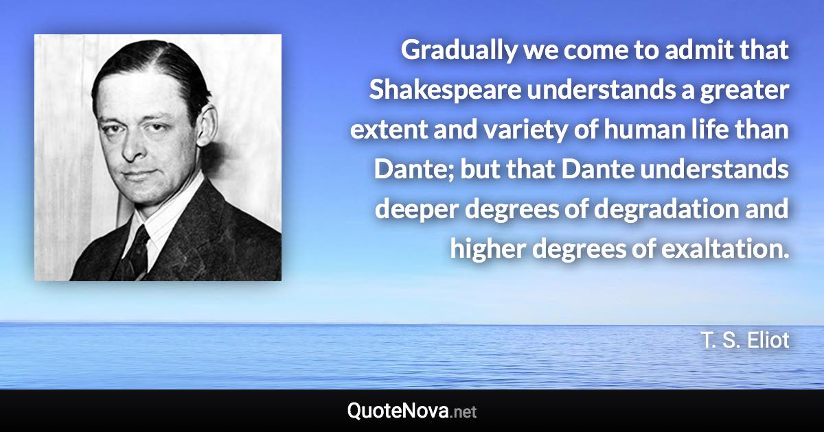 Gradually we come to admit that Shakespeare understands a greater extent and variety of human life than Dante; but that Dante understands deeper degrees of degradation and higher degrees of exaltation. - T. S. Eliot quote