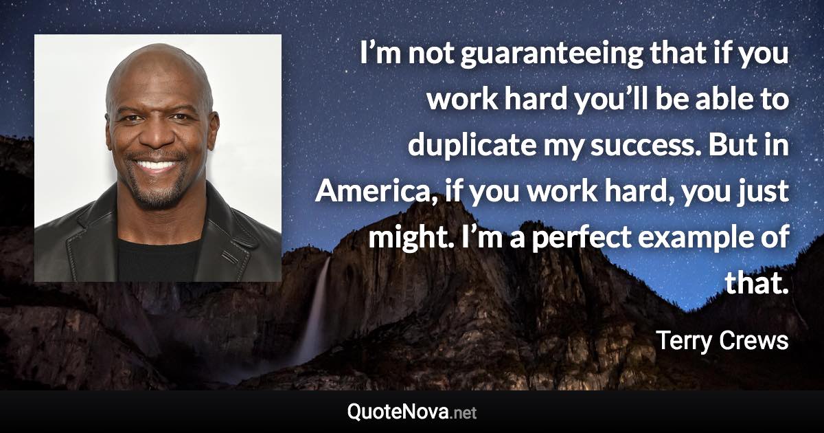 I’m not guaranteeing that if you work hard you’ll be able to duplicate my success. But in America, if you work hard, you just might. I’m a perfect example of that. - Terry Crews quote