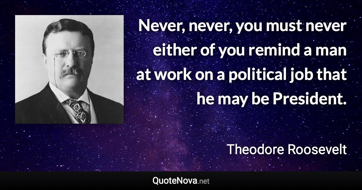 Never, never, you must never either of you remind a man at work on a political job that he may be President. - Theodore Roosevelt quote