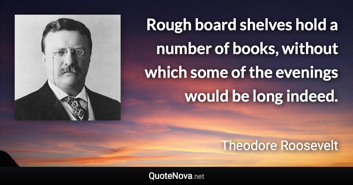 Rough board shelves hold a number of books, without which some of the evenings would be long indeed. - Theodore Roosevelt quote