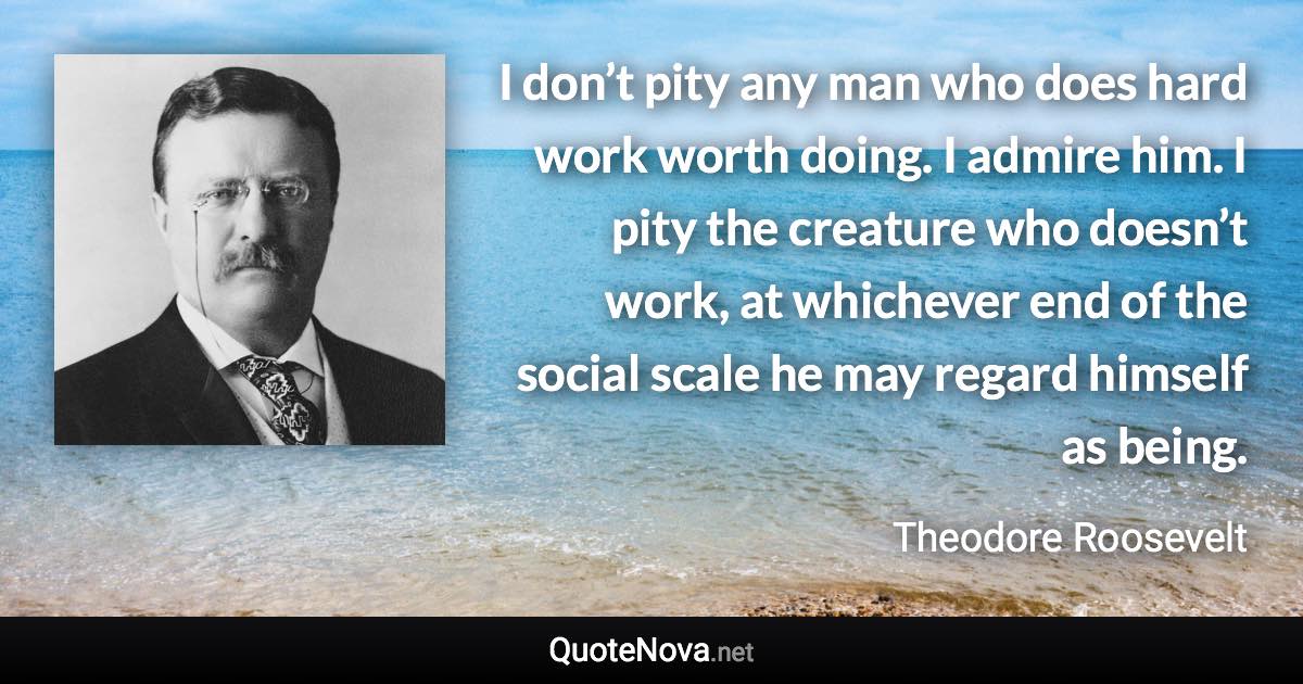 I don’t pity any man who does hard work worth doing. I admire him. I pity the creature who doesn’t work, at whichever end of the social scale he may regard himself as being. - Theodore Roosevelt quote