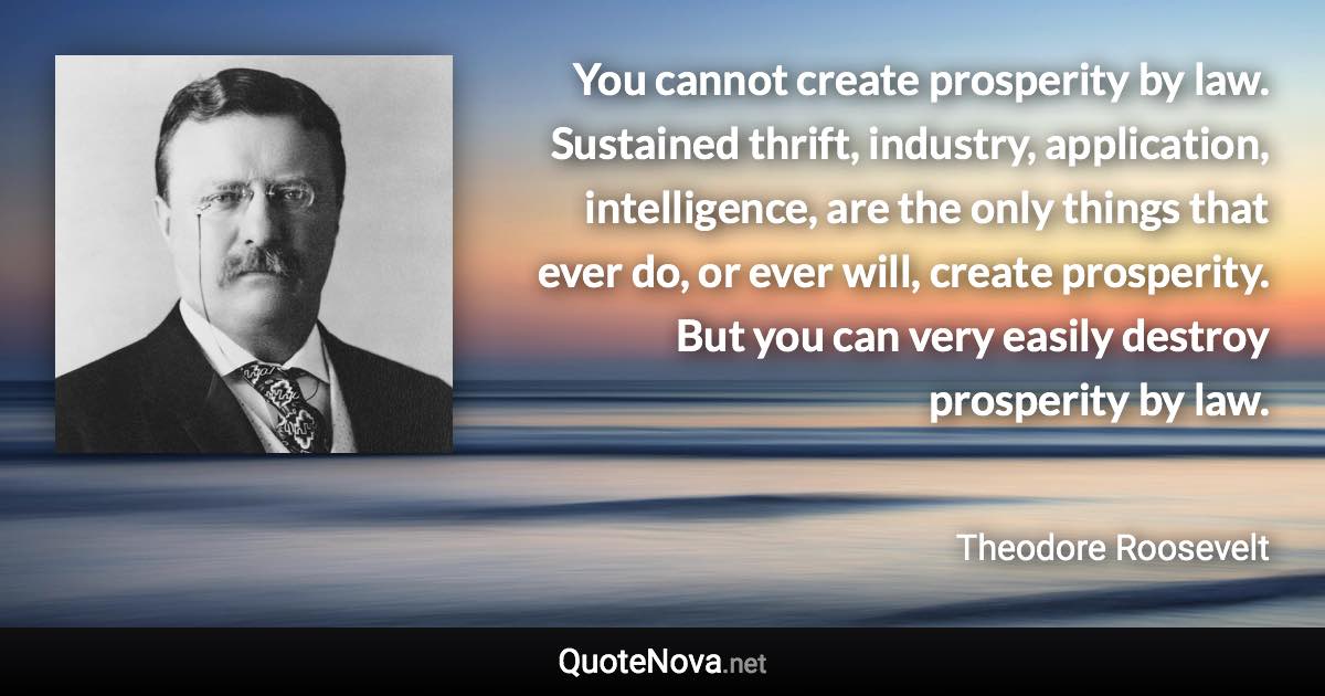 You cannot create prosperity by law. Sustained thrift, industry, application, intelligence, are the only things that ever do, or ever will, create prosperity. But you can very easily destroy prosperity by law. - Theodore Roosevelt quote