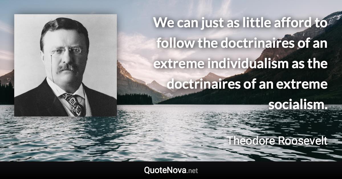 We can just as little afford to follow the doctrinaires of an extreme individualism as the doctrinaires of an extreme socialism. - Theodore Roosevelt quote