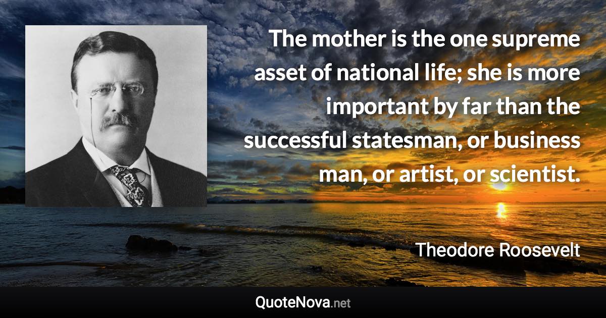 The mother is the one supreme asset of national life; she is more important by far than the successful statesman, or business man, or artist, or scientist. - Theodore Roosevelt quote