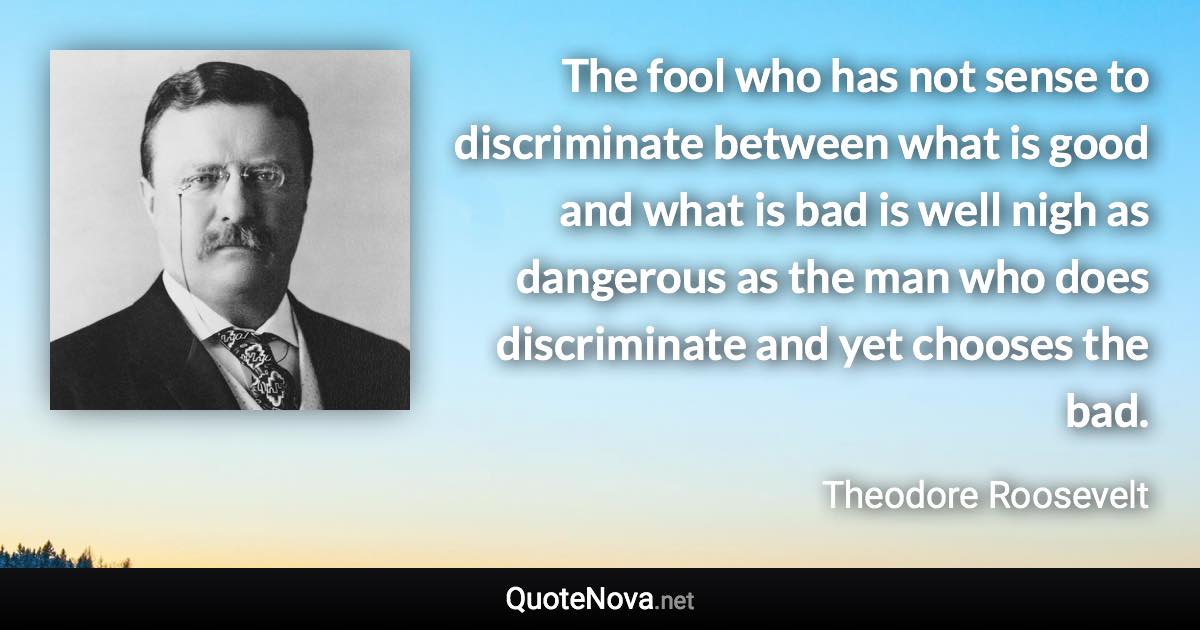 The fool who has not sense to discriminate between what is good and what is bad is well nigh as dangerous as the man who does discriminate and yet chooses the bad. - Theodore Roosevelt quote