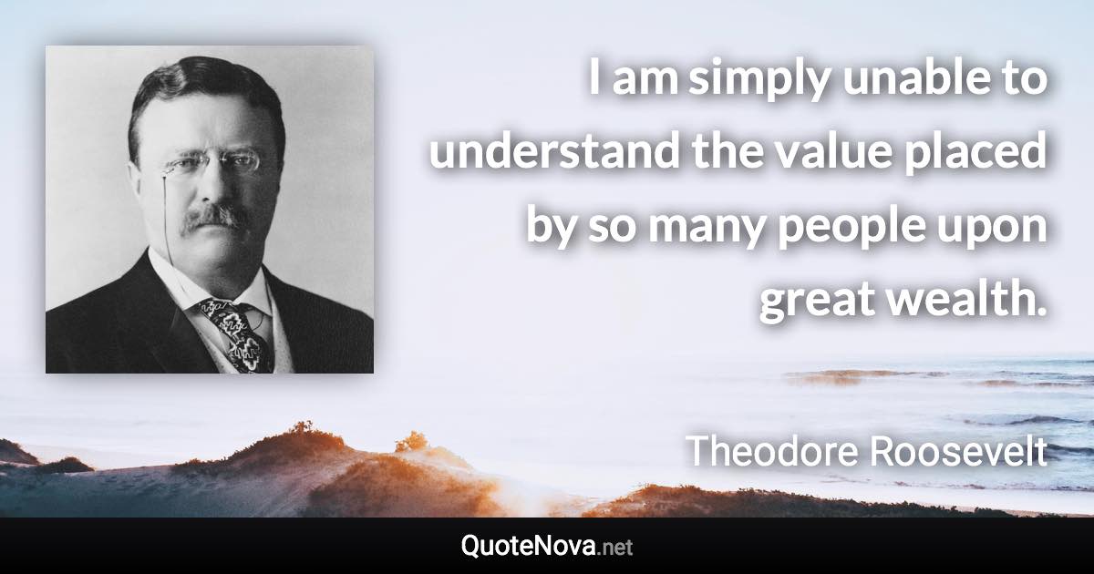 I am simply unable to understand the value placed by so many people upon great wealth. - Theodore Roosevelt quote