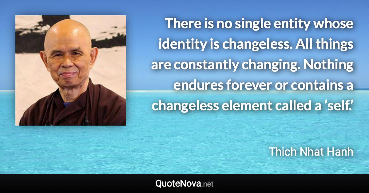 There is no single entity whose identity is changeless. All things are constantly changing. Nothing endures forever or contains a changeless element called a ‘self.’ - Thich Nhat Hanh quote