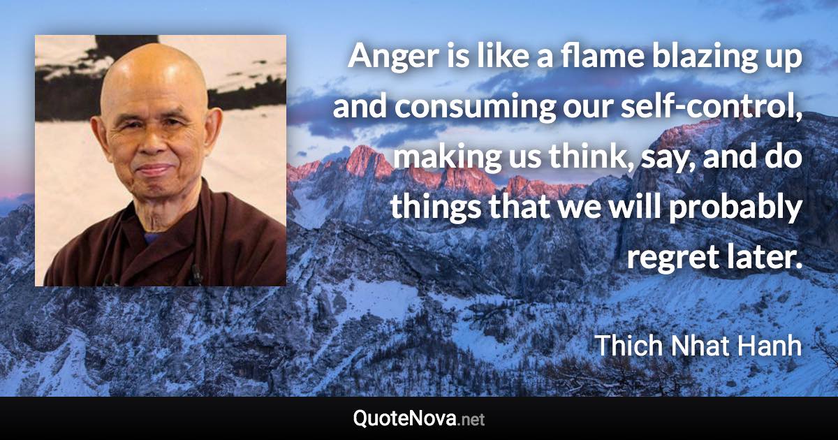 Anger is like a flame blazing up and consuming our self-control, making us think, say, and do things that we will probably regret later. - Thich Nhat Hanh quote