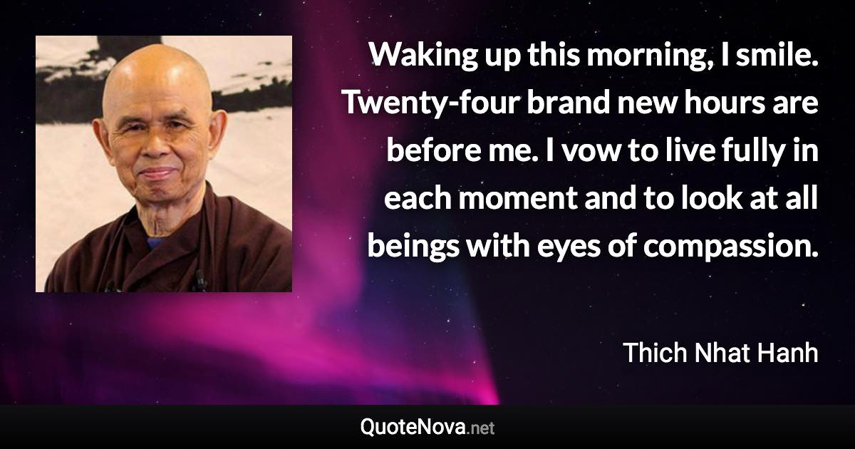 Waking up this morning, I smile. Twenty-four brand new hours are before me. I vow to live fully in each moment and to look at all beings with eyes of compassion. - Thich Nhat Hanh quote