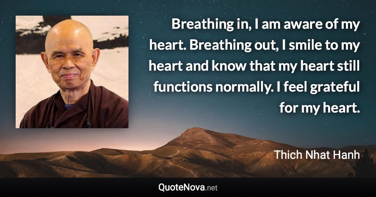 Breathing in, I am aware of my heart. Breathing out, I smile to my heart and know that my heart still functions normally. I feel grateful for my heart. - Thich Nhat Hanh quote