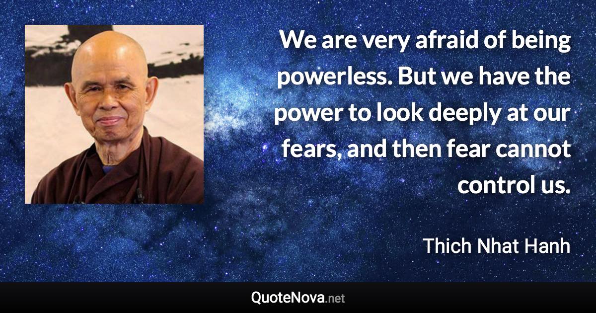 We are very afraid of being powerless. But we have the power to look deeply at our fears, and then fear cannot control us. - Thich Nhat Hanh quote