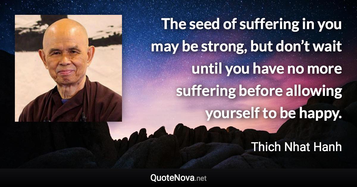 The seed of suffering in you may be strong, but don’t wait until you have no more suffering before allowing yourself to be happy. - Thich Nhat Hanh quote