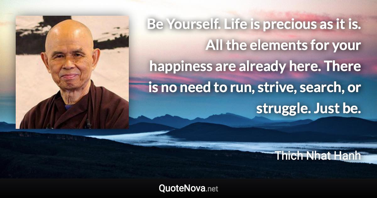 Be Yourself. Life is precious as it is. All the elements for your happiness are already here. There is no need to run, strive, search, or struggle. Just be. - Thich Nhat Hanh quote