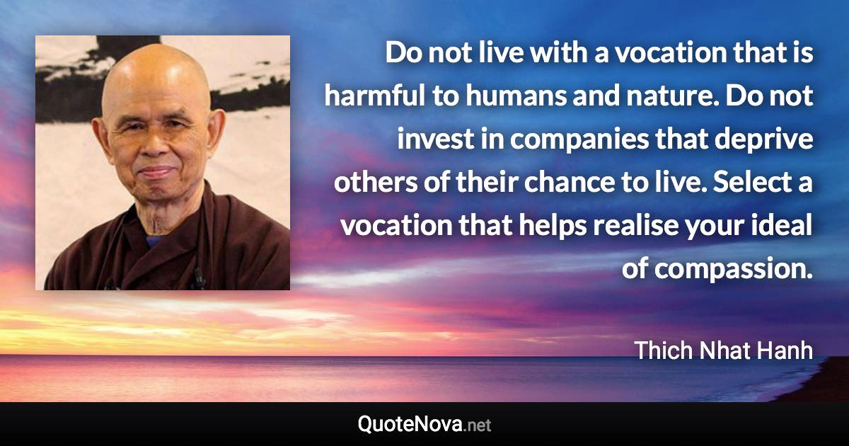 Do not live with a vocation that is harmful to humans and nature. Do not invest in companies that deprive others of their chance to live. Select a vocation that helps realise your ideal of compassion. - Thich Nhat Hanh quote