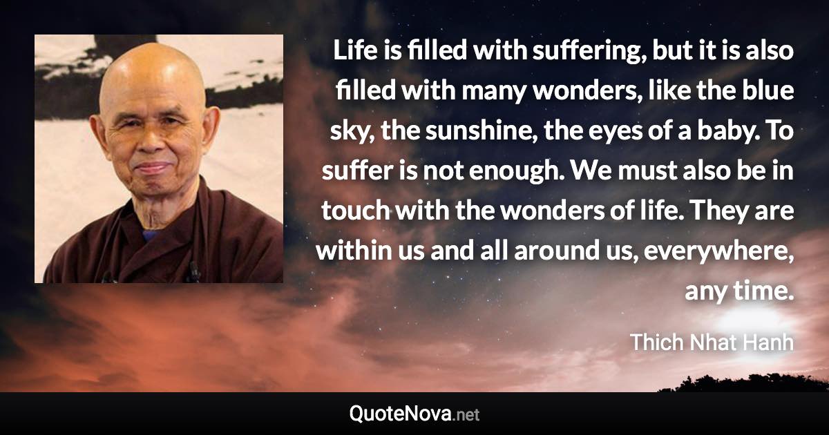 Life is filled with suffering, but it is also filled with many wonders, like the blue sky, the sunshine, the eyes of a baby. To suffer is not enough. We must also be in touch with the wonders of life. They are within us and all around us, everywhere, any time. - Thich Nhat Hanh quote