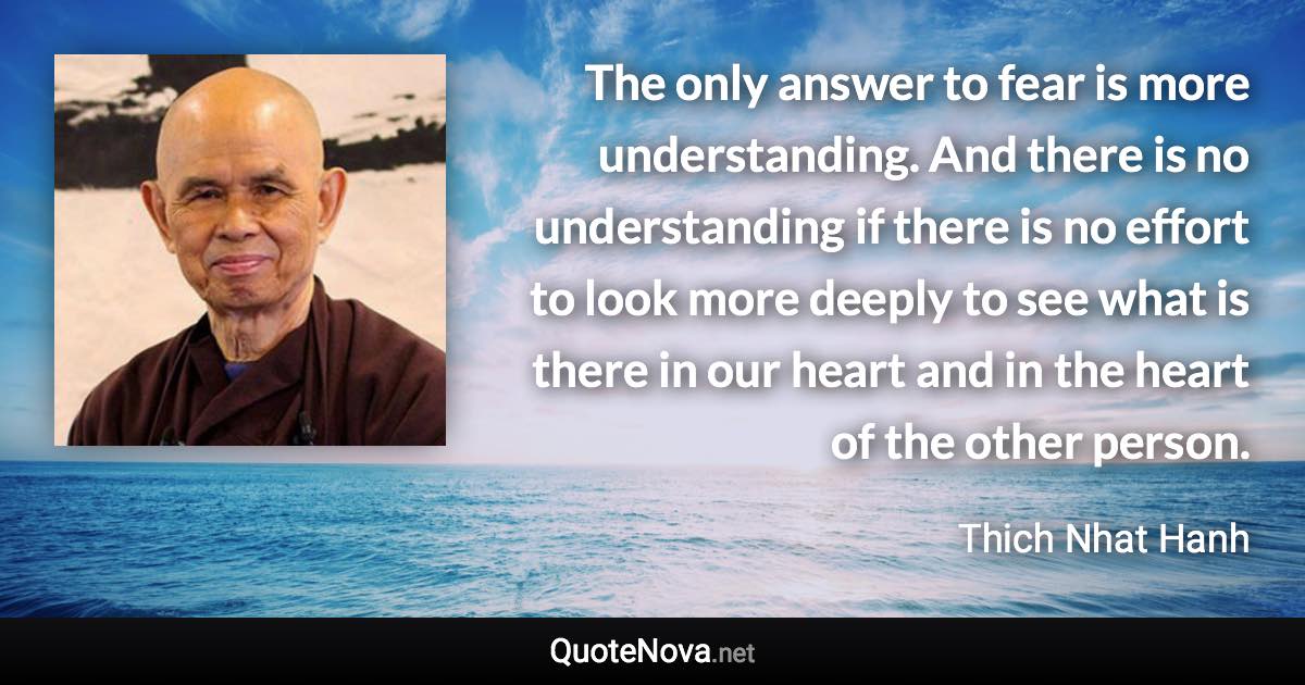 The only answer to fear is more understanding. And there is no understanding if there is no effort to look more deeply to see what is there in our heart and in the heart of the other person. - Thich Nhat Hanh quote