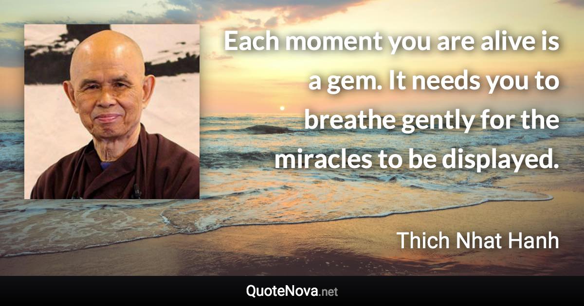 Each moment you are alive is a gem. It needs you to breathe gently for the miracles to be displayed. - Thich Nhat Hanh quote