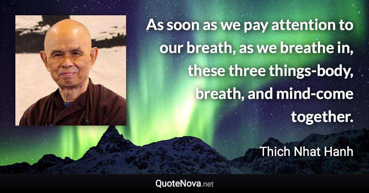 As soon as we pay attention to our breath, as we breathe in, these three things-body, breath, and mind-come together. - Thich Nhat Hanh quote