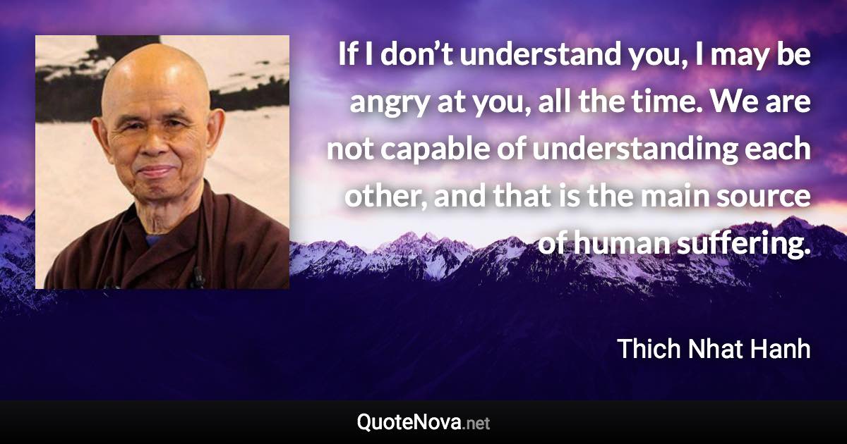 If I don’t understand you, I may be angry at you, all the time. We are not capable of understanding each other, and that is the main source of human suffering. - Thich Nhat Hanh quote