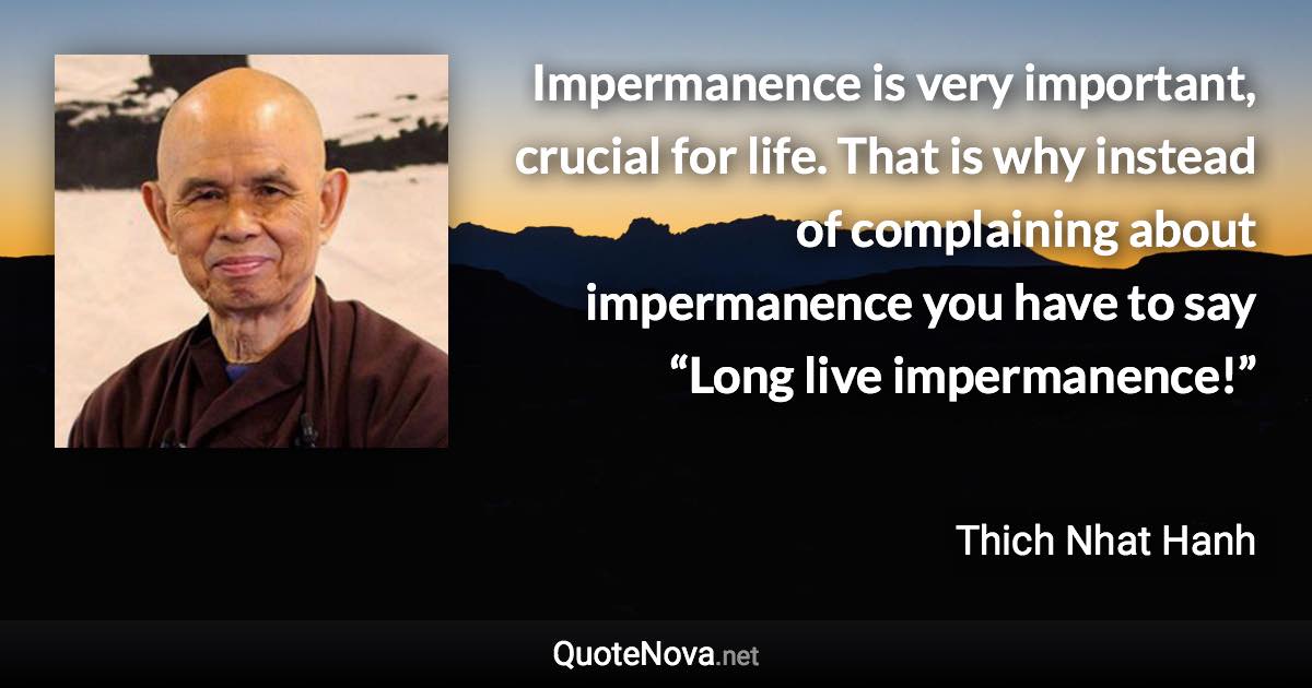 Impermanence is very important, crucial for life. That is why instead of complaining about impermanence you have to say “Long live impermanence!” - Thich Nhat Hanh quote