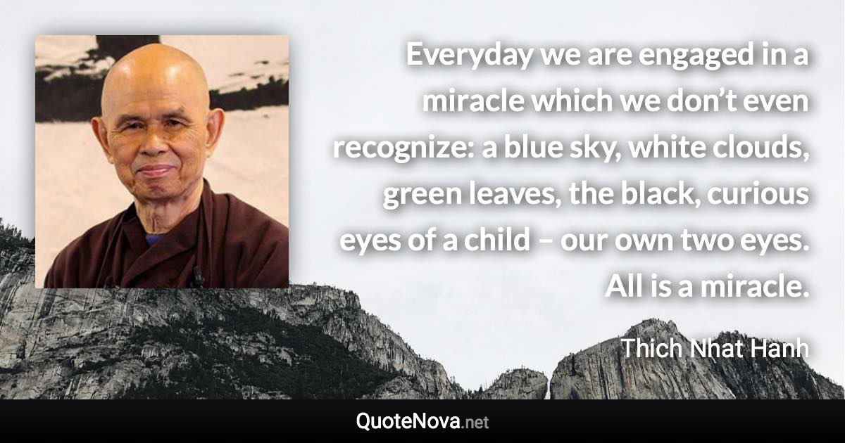 Everyday we are engaged in a miracle which we don’t even recognize: a blue sky, white clouds, green leaves, the black, curious eyes of a child – our own two eyes. All is a miracle. - Thich Nhat Hanh quote