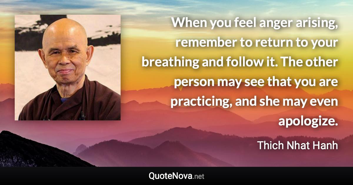 When you feel anger arising, remember to return to your breathing and follow it. The other person may see that you are practicing, and she may even apologize. - Thich Nhat Hanh quote