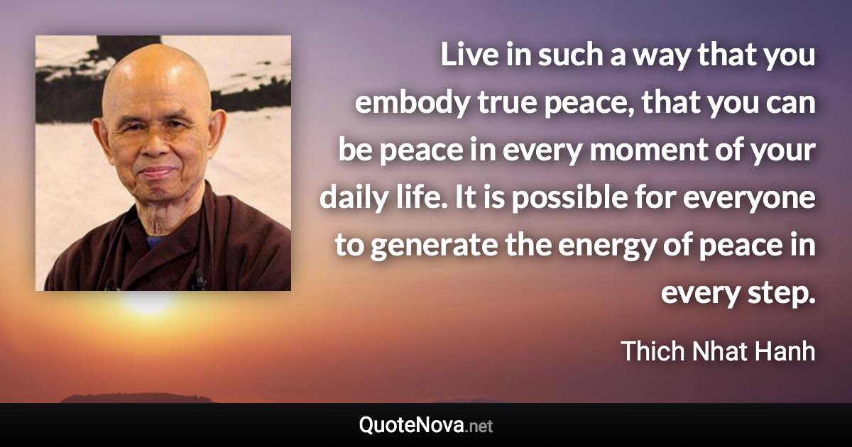 Live in such a way that you embody true peace, that you can be peace in every moment of your daily life. It is possible for everyone to generate the energy of peace in every step. - Thich Nhat Hanh quote