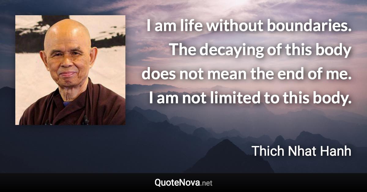 I am life without boundaries. The decaying of this body does not mean the end of me. I am not limited to this body. - Thich Nhat Hanh quote