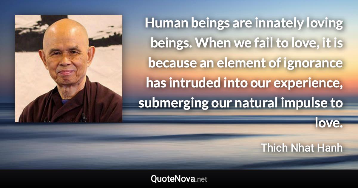 Human beings are innately loving beings. When we fail to love, it is because an element of ignorance has intruded into our experience, submerging our natural impulse to love. - Thich Nhat Hanh quote