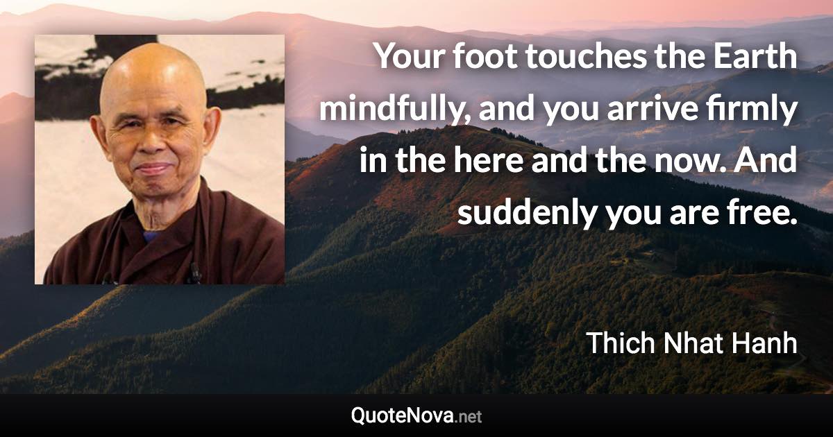 Your foot touches the Earth mindfully, and you arrive firmly in the here and the now. And suddenly you are free. - Thich Nhat Hanh quote