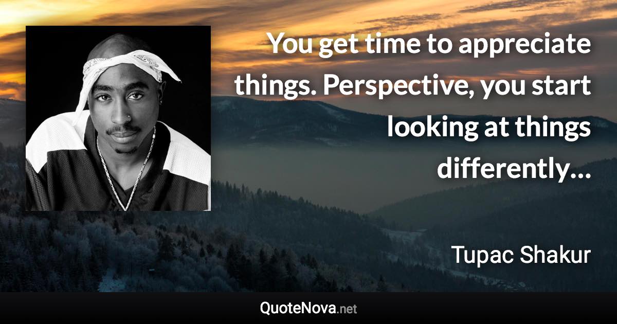 You get time to appreciate things. Perspective, you start looking at things differently… - Tupac Shakur quote