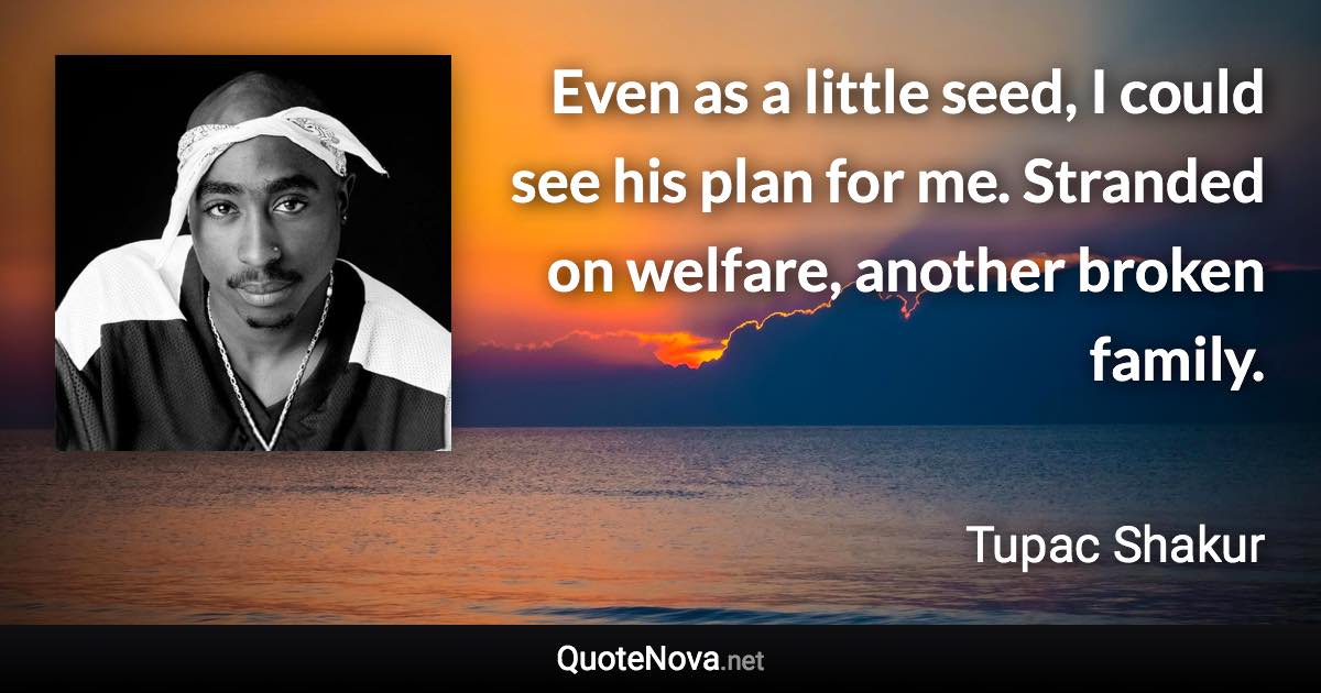 Even as a little seed, I could see his plan for me. Stranded on welfare, another broken family. - Tupac Shakur quote