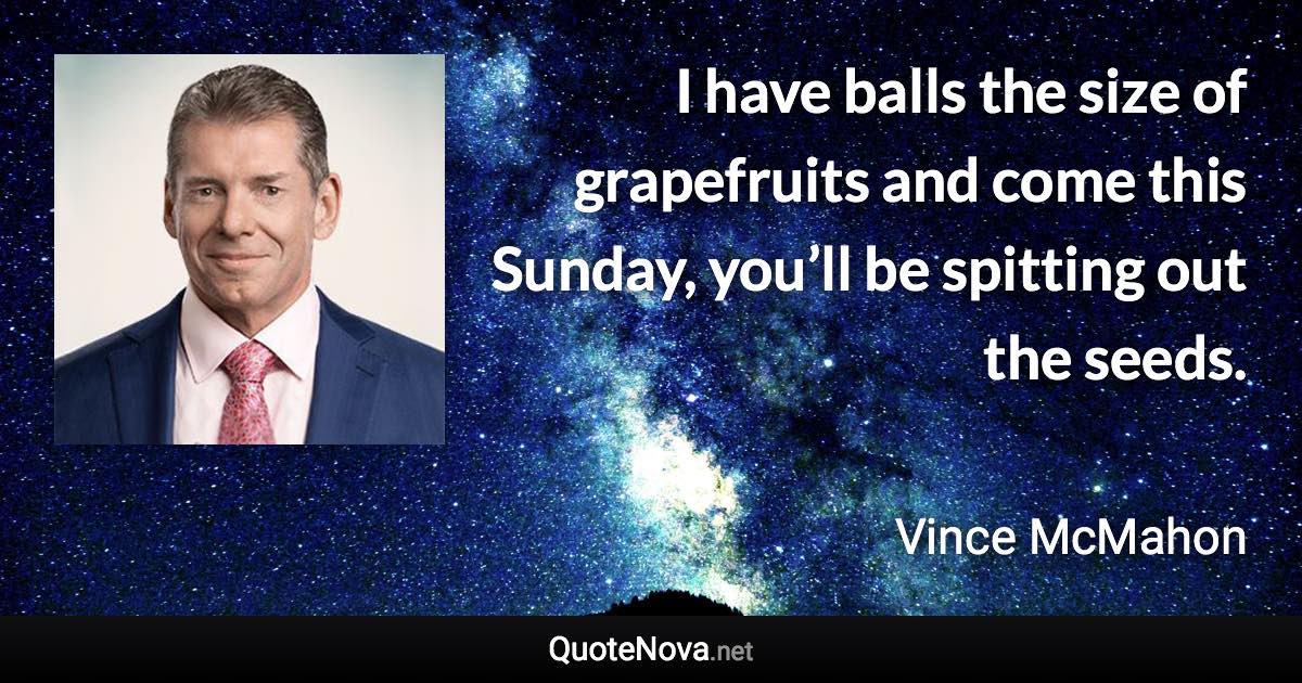 I have balls the size of grapefruits and come this Sunday, you’ll be spitting out the seeds. - Vince McMahon quote