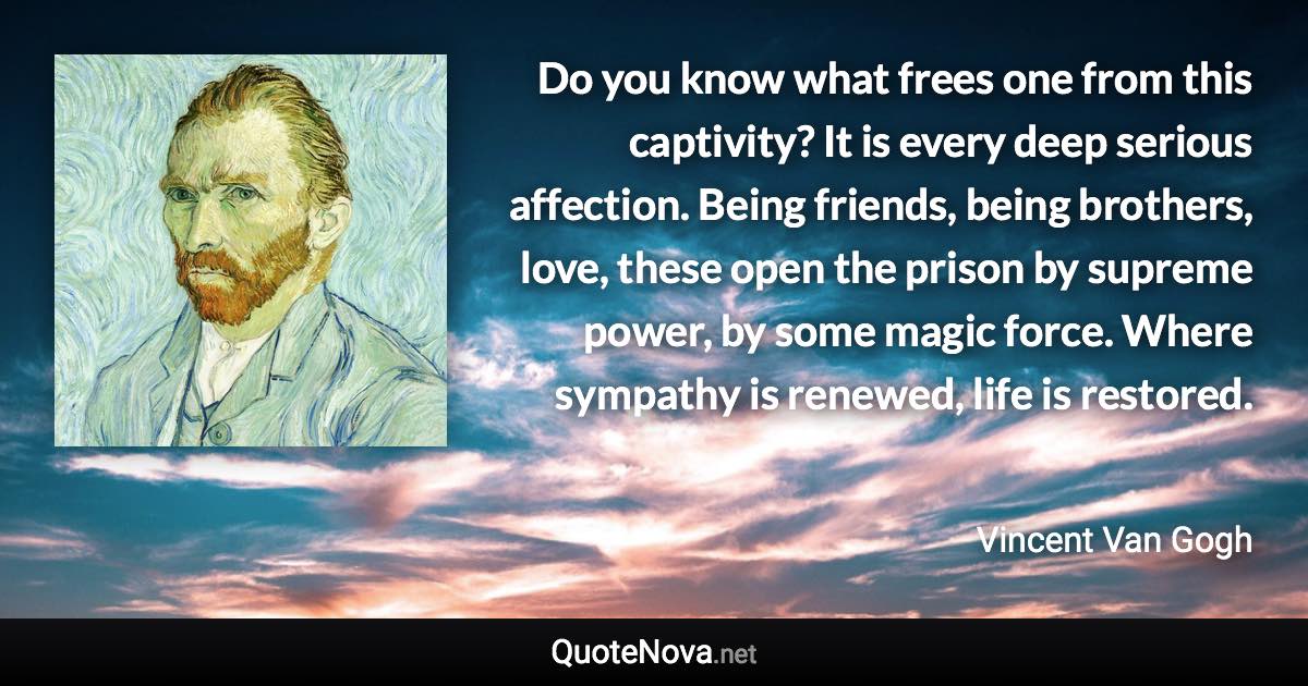 Do you know what frees one from this captivity? It is every deep serious affection. Being friends, being brothers, love, these open the prison by supreme power, by some magic force. Where sympathy is renewed, life is restored. - Vincent Van Gogh quote