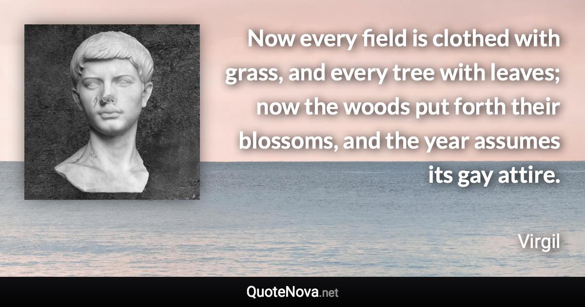 Now every field is clothed with grass, and every tree with leaves; now the woods put forth their blossoms, and the year assumes its gay attire. - Virgil quote