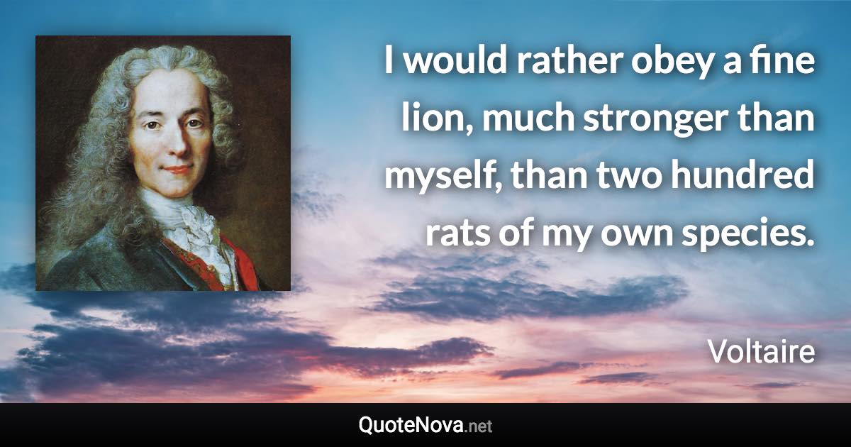 I would rather obey a fine lion, much stronger than myself, than two hundred rats of my own species. - Voltaire quote