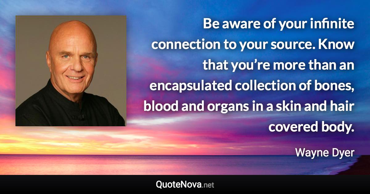 Be aware of your infinite connection to your source. Know that you’re more than an encapsulated collection of bones, blood and organs in a skin and hair covered body. - Wayne Dyer quote