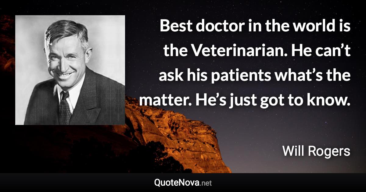 Best doctor in the world is the Veterinarian. He can’t ask his patients what’s the matter. He’s just got to know. - Will Rogers quote