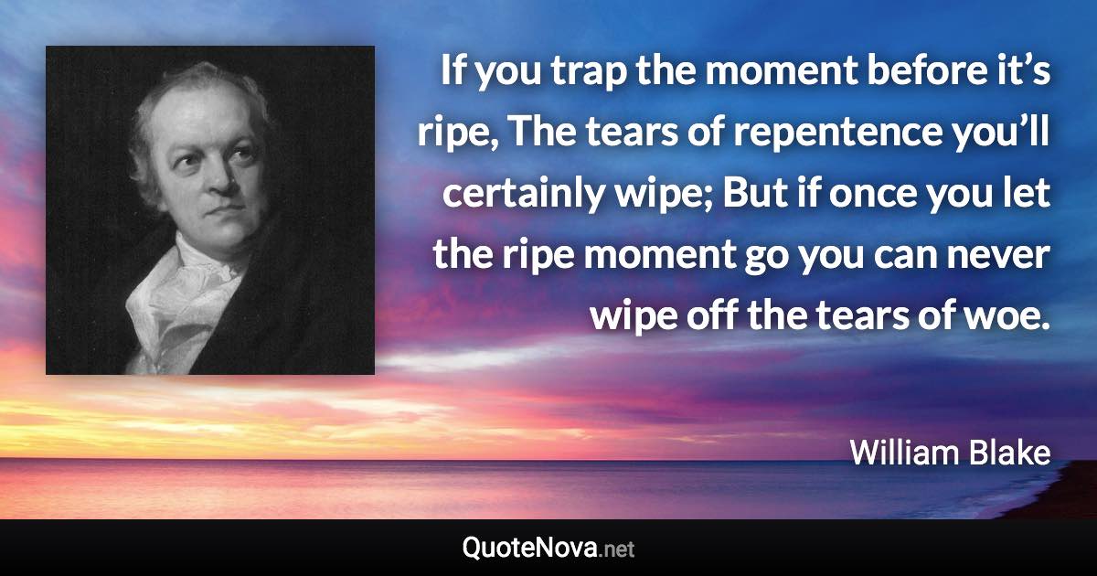 If you trap the moment before it’s ripe, The tears of repentence you’ll certainly wipe; But if once you let the ripe moment go you can never wipe off the tears of woe. - William Blake quote