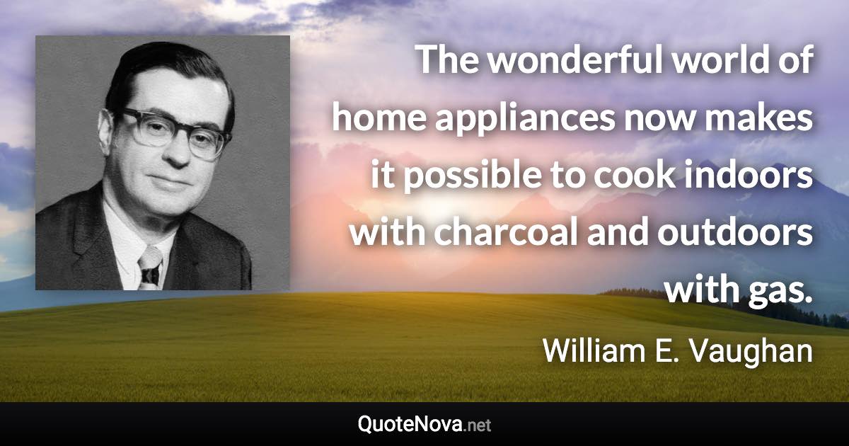 The wonderful world of home appliances now makes it possible to cook indoors with charcoal and outdoors with gas. - William E. Vaughan quote