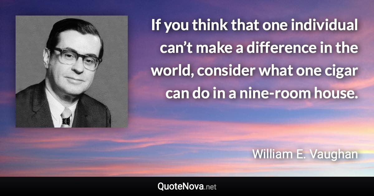 If you think that one individual can’t make a difference in the world, consider what one cigar can do in a nine-room house. - William E. Vaughan quote