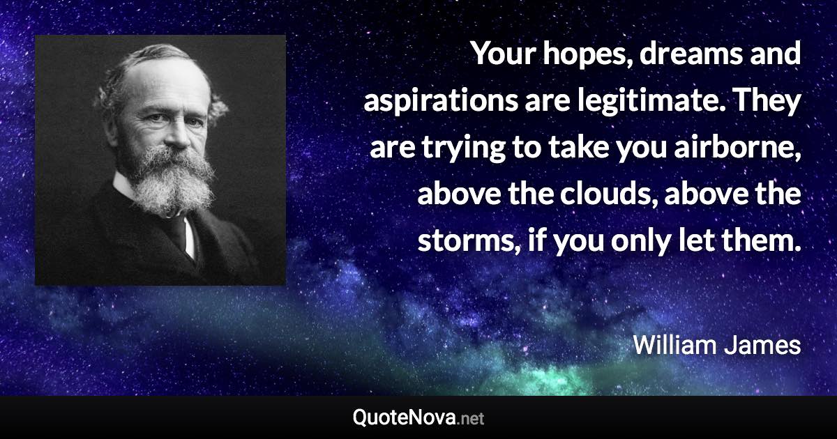 Your hopes, dreams and aspirations are legitimate. They are trying to take you airborne, above the clouds, above the storms, if you only let them. - William James quote