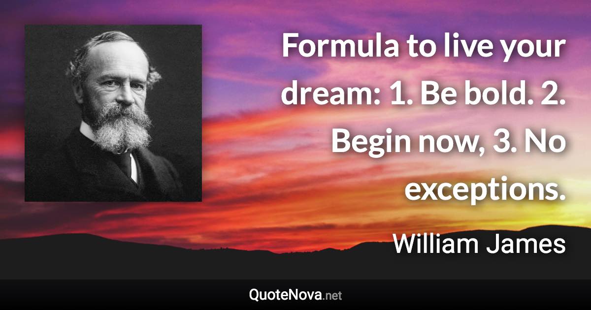 Formula to live your dream: 1. Be bold. 2. Begin now, 3. No exceptions. - William James quote