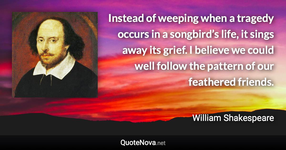 Instead of weeping when a tragedy occurs in a songbird’s life, it sings away its grief. I believe we could well follow the pattern of our feathered friends. - William Shakespeare quote