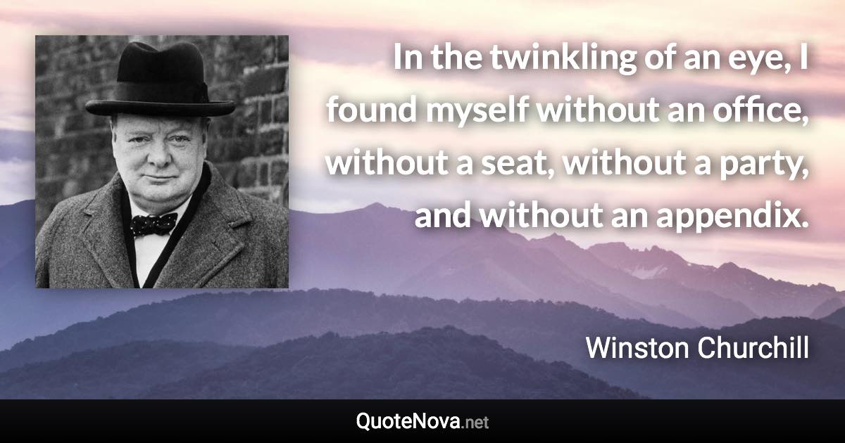 In the twinkling of an eye, I found myself without an office, without a seat, without a party, and without an appendix. - Winston Churchill quote