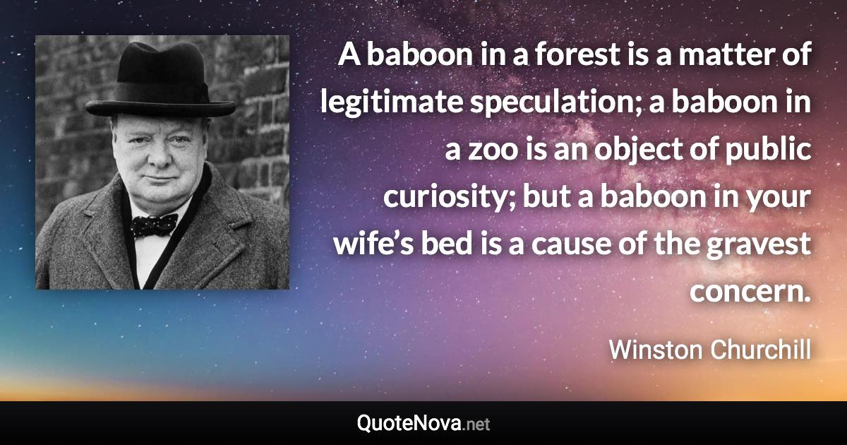 A baboon in a forest is a matter of legitimate speculation; a baboon in a zoo is an object of public curiosity; but a baboon in your wife’s bed is a cause of the gravest concern. - Winston Churchill quote